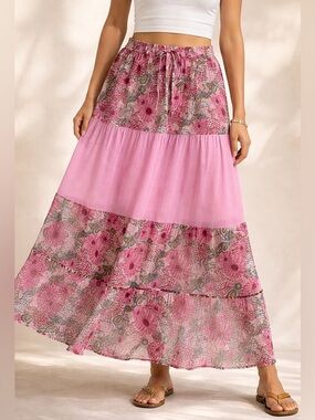 Vintage Boho Tiered Summer Maxi Skirt Sheer Panel Floral Romantic One Size S-L